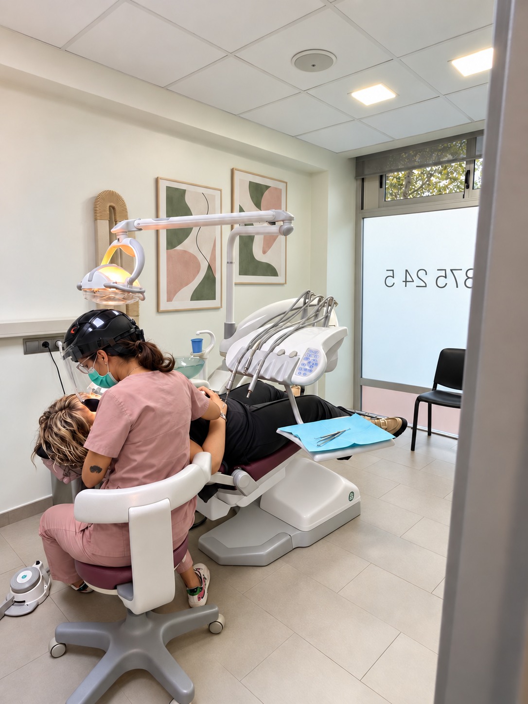 Odontóloga de GAMACLINIC atendiendo a una paciente en el gabinete, fotografía retocada