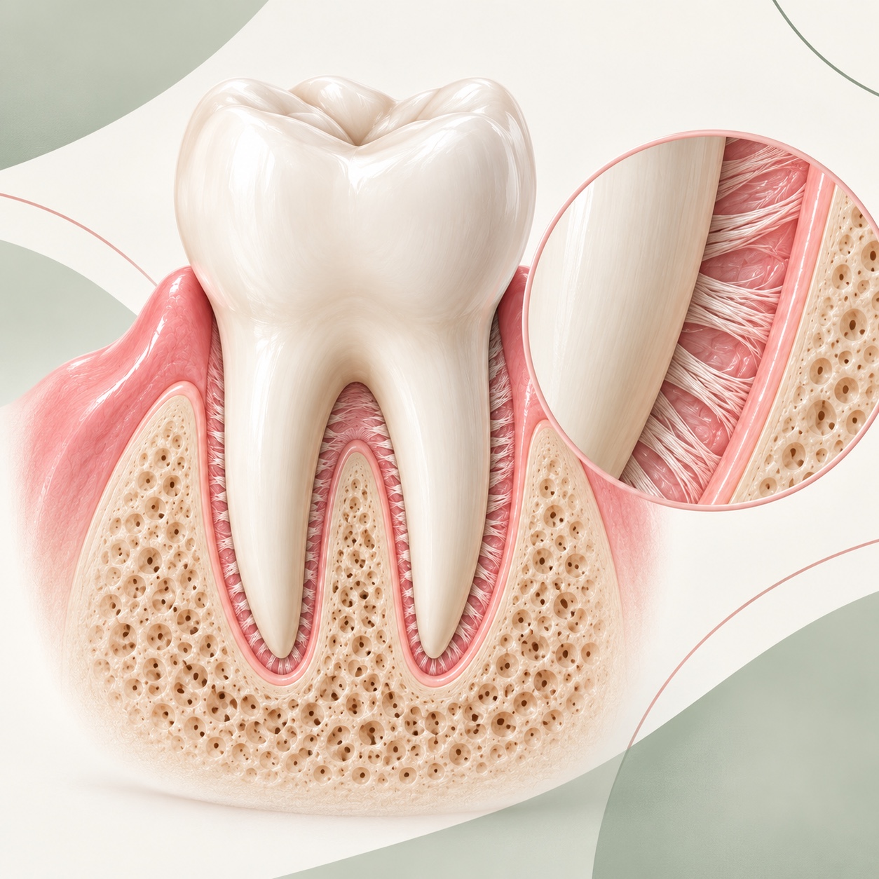 Ilustración de una muela con la encía, el hueso alveolar y una ampliación del ligamento periodontal